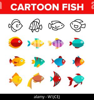 Poissons, espèces exotiques vecteur lignes fines icônes ensemble Illustration de Vecteur