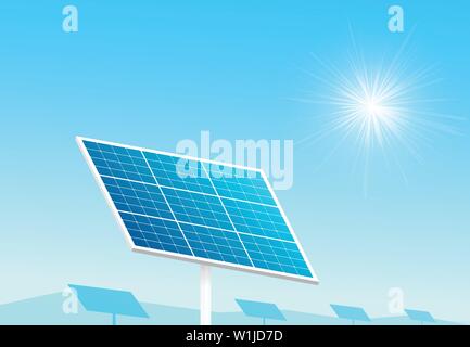 Panneaux solaires en ferme avec ciel bleu et la lumière du soleil, vector Illustration de Vecteur