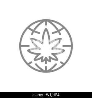 Feuille de Cannabis avec l'icône de la ligne du globe. Journée mondiale du cannabis et symbole sign Illustration de Vecteur