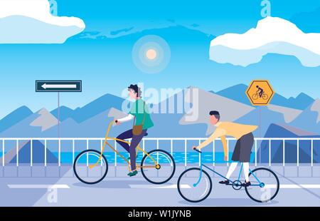 Des hommes à la nature avec la signalisation pour snowscape vector illustration design cycliste Illustration de Vecteur