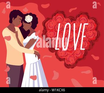 Jeune couple afro dans l'amour poster avec décoration design illustration vecteur roses Illustration de Vecteur