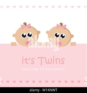 Sa fille jumeaux bienvenue carte de souhaits pour l'accouchement avec bébé face vector illustration EPS10 Illustration de Vecteur