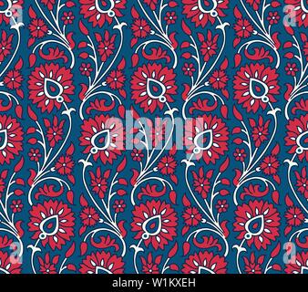 Indigo ont imprimé sur bois motif floral ethnique homogène. Ornement oriental traditionnel de l'Inde, avec des fleurs, motif méandre sur bleu rouge Illustration de Vecteur