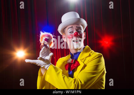 Clown de cirque effectue nombre. Un homme dans un costume de clown avec un jouet Banque D'Images