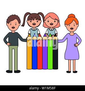 Mignon petit couple étudiants avec les enseignants et les couleurs crayons vector illustration design Illustration de Vecteur