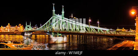 Le pont de la liberté et de la rivière du Danube la nuit, Budapest, Hongrie Banque D'Images