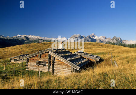 Chalet de montagne Gotzenalm, Steinernes Meer en arrière-plan, Berchtesgaden, Berchtesgaden, Haute-Bavière, Bavière, Allemagne Banque D'Images