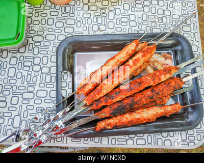 Saucisses grillées cuites dans la nature, mis en brochettes sur le feu Banque D'Images