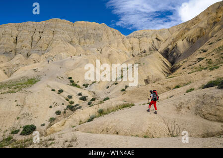 Jeune femme, randonneur, Trekker dans le typique paysage surréaliste pour Mustang dans le désert autour de la haute vallée de la Kali Gandaki, la plus profonde vallée dans le Banque D'Images