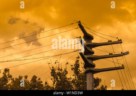 Silhouettes de lignes à haute tension et des arbres contre un ciel jaune spectaculaire au coucher du soleil. Banque D'Images