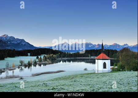 Chapelle et le lac avec vue sur plage et plage Tannheimer Ammergau, au lever du soleil, le lac Forggensee, Allgaeu, Allgaeu Bayerisch souabe, gamme, Bavière, Allemagne, Euro Banque D'Images