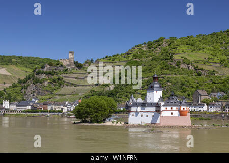 Château Pfalzgrafenstein dans le Rhin et Burg Château Gutenfels, Kaub, Vallée du Haut-Rhin moyen, la Rhénanie-Palatinat, Allemagne, Europe Banque D'Images