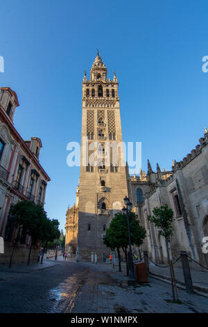 Sevilla, Espagne;Juillet 2107 : "La Giralda" Clocher de la Cathédrale de Séville vue depuis la place, Andalousie, Espagne Banque D'Images