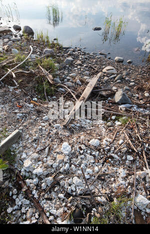 Le polystyrène, polystyrène déchets sur la rive. Banque D'Images