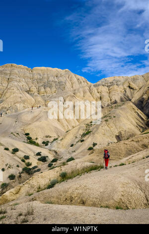 Jeune femme, randonneur, Trekker dans le typique paysage surréaliste pour Mustang dans le désert autour de la haute vallée de la Kali Gandaki, la plus profonde vallée dans le Banque D'Images