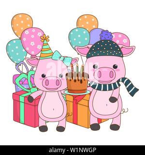 Dessins animés avec des animaux, de gâteaux joyeux anniversaire célébration Noël Décoration et thème surprise Vector illustration Illustration de Vecteur