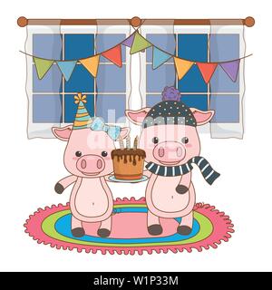 Dessins animés avec des animaux, de gâteaux joyeux anniversaire célébration Noël Décoration et thème surprise Vector illustration Illustration de Vecteur