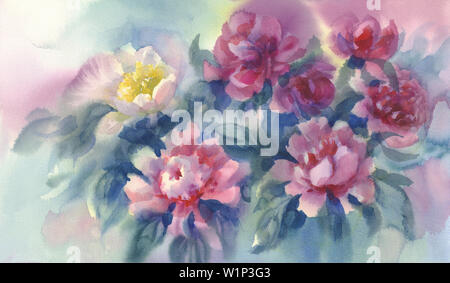 Les Pivoines rose bud avec un fond d'aquarelle. Carte de mariage Banque D'Images
