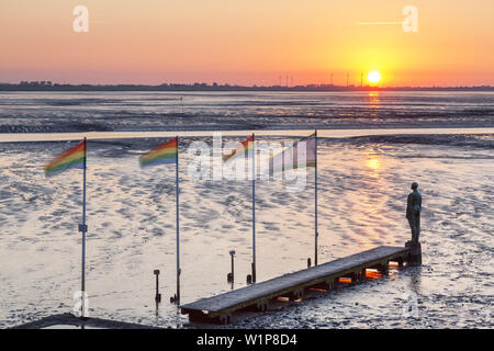 Jetée dans le watt et tidelands durant la marée basse, Jade Bay dans le Parc National de la mer des Wadden de Basse-Saxe, Dangast, Varel, Frise Orientale, Frise, faible Banque D'Images