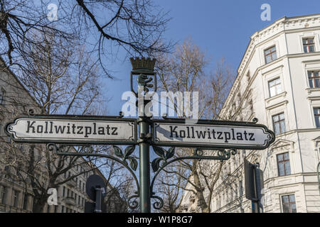 Plaque de rue, Kollwitzplatz, Prenzlauer Berg, Berlin, Allemagne Banque D'Images