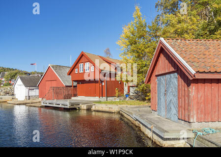 Dans Krokvåg cabanes de pêcheurs, près de Arendal, Aust-Agder, Norvège du Sud, Sørlandet, Norvège, Scandinavie, Europe du Nord, Europe Banque D'Images