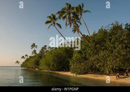Une femme assise dans une chaise de plage sur une étroite bande de sable sur une île couverte d'arbres donnant sur des eaux calmes, Leleuvia Island, Lomaiviti Group, Fiji, Sout Banque D'Images