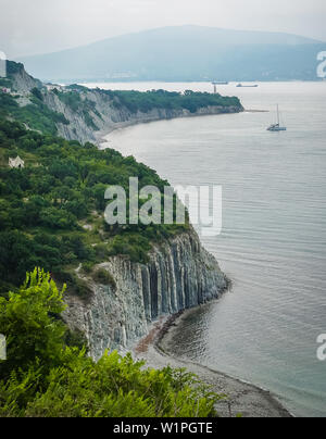 La vue depuis le haut de la baie dans le brouillard et le vert de la haute côte rocheuse Banque D'Images