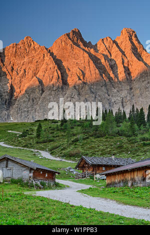 Refuges d'Ladizalm avec rockfaces Waende de Laliderer dans alpenglow, Ladizalm, parc naturel Karwendel, Karwendel, Tyrol, Autriche Banque D'Images