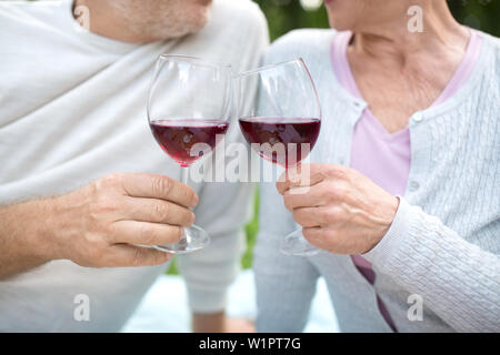 Happy senior couple clinking wine glasses at park Banque D'Images