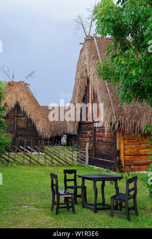Maisons en bois au toit de chaume dans le musée en plein air de Bunge, Schweden Banque D'Images