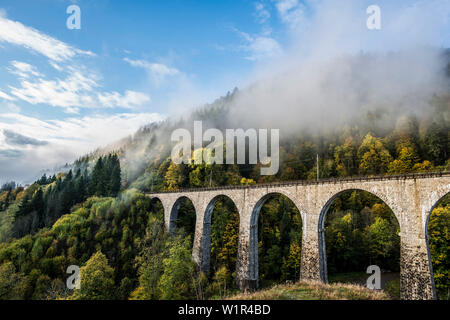 Pont de chemin de fer dans la gorge de Ravenne, Höllental en automne, près de Freiburg im Breisgau, Forêt-Noire, Bade-Wurtemberg, Allemagne Banque D'Images