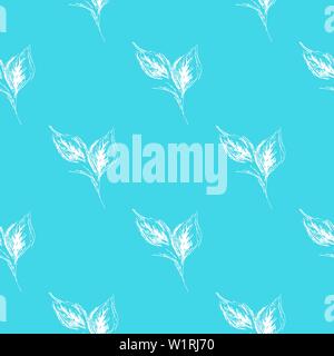 Doodle contour des feuilles transparente dans l'art de style sur fond bleu. Floral motif transparent contours. Design simple et mignon. Motif style dessiné à la main. Ve Illustration de Vecteur