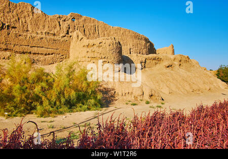 Les anciennes ruines du mur en terre de Ghal'eh Jalali forteresse, entouré de plantes de parc Mellat, Kashan, Iran Banque D'Images