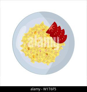 La nourriture sur une plaque blanche ronde télévision dans le style. Concept de déjeuner et le dîner. Pâtes Farfalle avec des tranches de poivrons, jambon ou bacon. Légumes tomates rouges. Pour Illustration de Vecteur