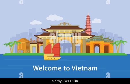 Bienvenue au Vietnam concept emplacement bannière, style plat Illustration de Vecteur
