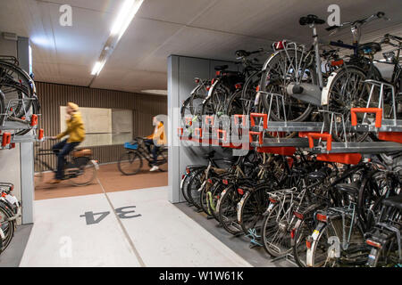 Garage de stationnement pour vélos à Utrecht, Pays-Bas, avec plus de 13 000 places de stationnement, le plus grand parking gratuit Garage à vélos dans le monde entier, à la central Banque D'Images