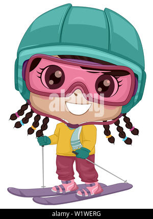 Illustration d'un Afro-américain Kid Girl portant ces lunettes, casque à l'aide de skis et bâtons Banque D'Images