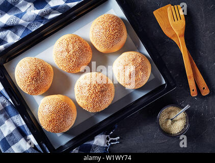 Des petits pains à burger chaud maison saupoudré de graines de sésame sur un plat allant au four, vue de dessus, télévision lay Banque D'Images