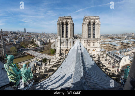 Paris (France) : La Cathédrale Notre-Dame. Toit de la nef et les deux tours Banque D'Images