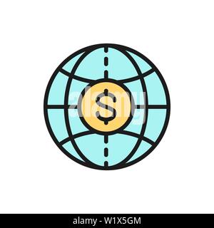 Monde Vecteur avec pièce de monnaie, en espèces à l'échelle mondiale, les transferts d'argent télévision couleur ligne icône. Illustration de Vecteur