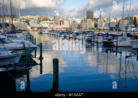 Des bâtiments de la ville, sur le bord de mer à côté de port, Wellington, Île du Nord, Nouvelle-Zélande, yachts dans Chaffers Marina en premier plan. Banque D'Images