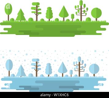 Vector Paysage de forêt, Parc, Allée avec différents arbres. Forêt d'hiver et d'été, piscine panoramique. Style plat. Vector illustration isolé sur Illustration de Vecteur