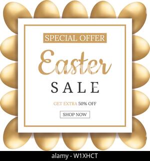 Vente de Pâques bannière avec les oeufs d'or. Cadre carré d'oeufs. Bon, papier,flyers, affiches, invitation, brochure, coupon de réduction, de carte de vœux. Ve Illustration de Vecteur