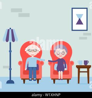 Grand-père et grand-mère tenir la main et assis dans un fauteuil. Sens de l'amour toujours. Les personnes âgées heureux et l'amour. Vector illustration. Illustration de Vecteur