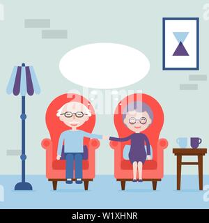 Grand-père et grand-mère tenir la main et assis dans un fauteuil. Sens de l'amour toujours. Les rêves des personnes âgées. Les personnes âgées heureux et l'amour. Vector illustrati Illustration de Vecteur