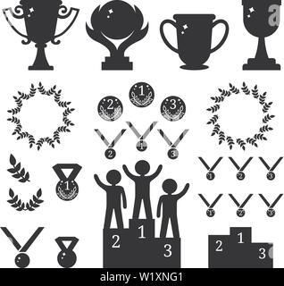 Vector collection de sport awards. Silhouettes noires de trophées, médailles, piédestal, laure de cadres, de monnaie. Première, deuxième, troisième place. L'homme sur le podium Illustration de Vecteur