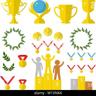 Vector Collection de Golden Sport Awards.Télévision icones de trophées, médailles, piédestal, Laure de cadres, de monnaie. Première, Deuxième, troisième place. Les humains sur podium. Illustration de Vecteur