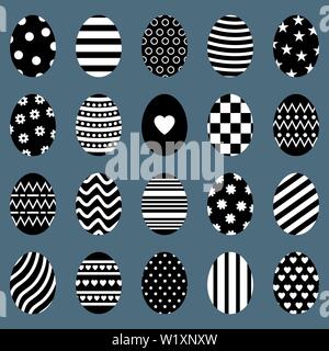 Ensemble d'oeufs de Pâques. Silhouettes d'oeufs différents avec des rayures, des points, des coeurs et de motifs. Pour les cartes de Vœux, invitations. Vector illustration. Illustration de Vecteur
