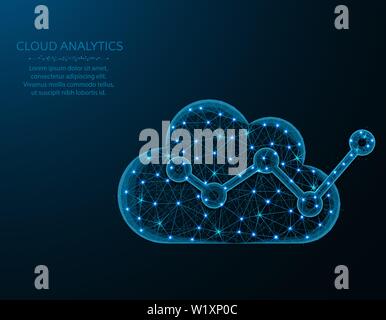 Analytics Cloud poly faible conception, l'analyse des données dans le style graphique polygonal, vecteur illustration sur fond bleu Illustration de Vecteur