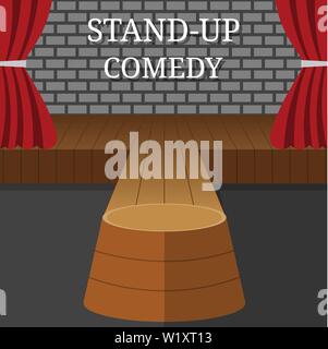 Stand-Up Comedy Vector l'intérieur. Scène de théâtre avec des rideaux rouges et gris mur de briques. Vector illustration pour votre conception. Illustration de Vecteur